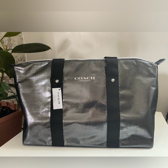 Coach Metallic Silver Tote with Black Straps - Picture 3 of 9